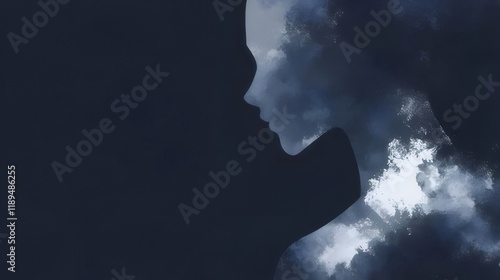 Abstract watercolor painting of a woman's profile, dark blue and white hues.
