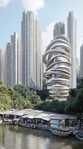 Futuristic Spiral Building Surrounded by Urban Skyscrapers and Riverside Market Scene
