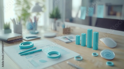 Modern office desk with teal 3D charts, papers, and stationery.