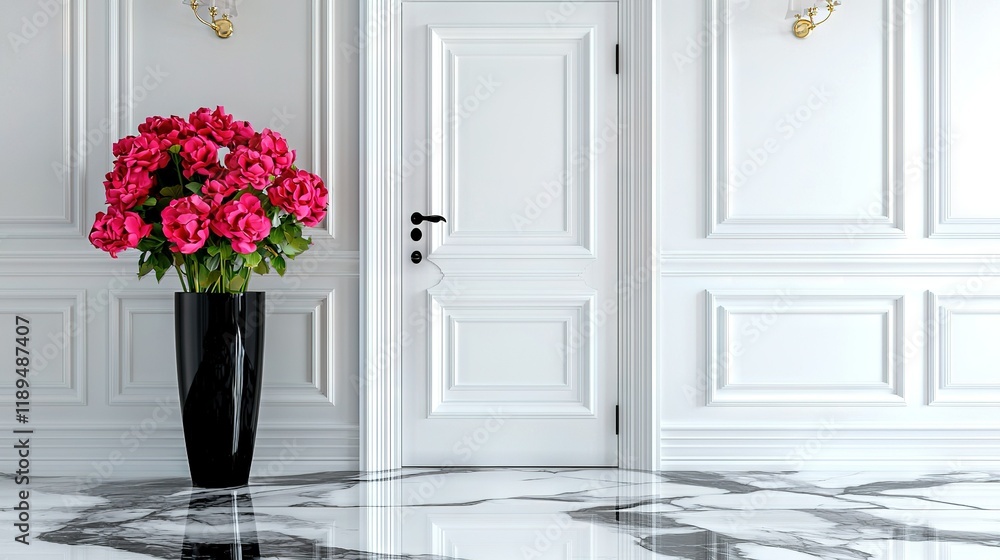 A black vase holds pink flowers, resting on a marble floor White walls and doors surround it A black vase holds pink flowers, resting on a marble floor White walls and doors surround it