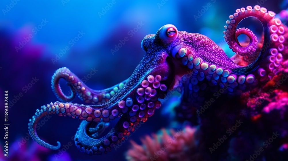 Fototapeta premium Vibrant purple octopus in underwater scene.