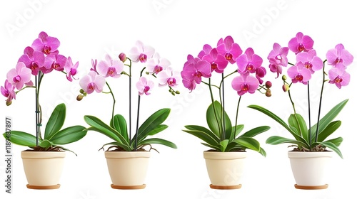 Wallpaper Mural Orchids, potted plants, pink flowers, white background, botanical illustration, symmetrical arrangement, indoor plants, ceramic pots, Phalaenopsis orchids, vibrant colors, elegant flowers, studio Torontodigital.ca