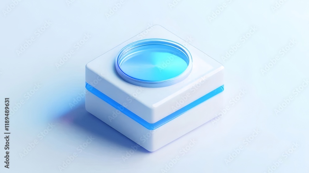 Futuristic white cube with blue light and circular glass top. Futuristic white cube with blue light and circular glass top.