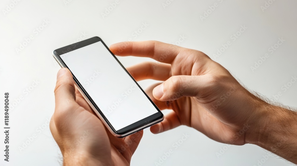 close up of hands holding smartphone with blank screen close up of hands holding smartphone with blank screen