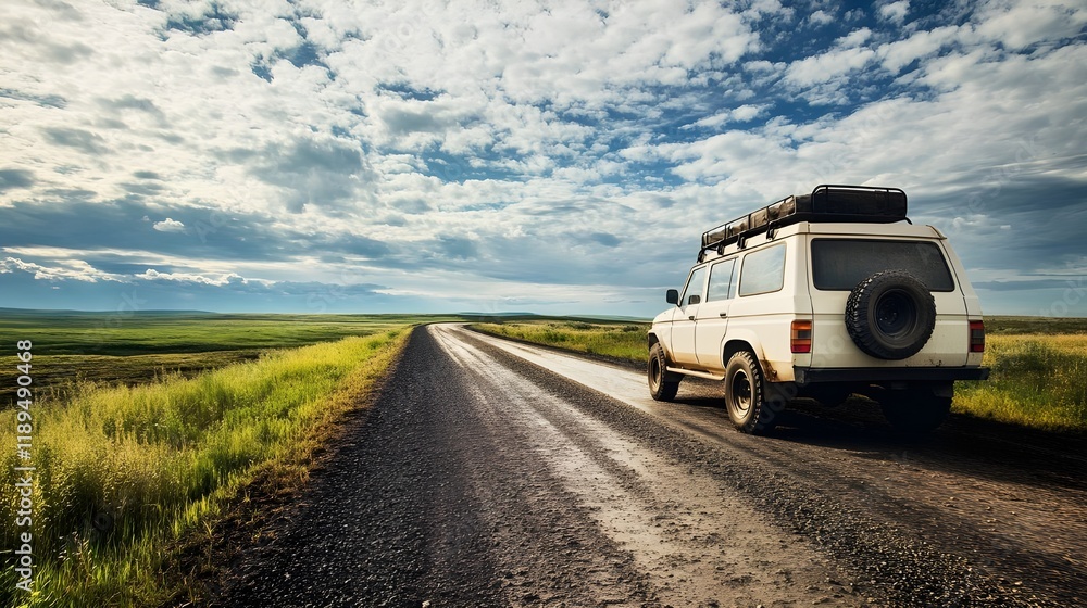 Long straight road, green grass fields, white van, dramatic cloudy sky, horizon, expansive landscape, vanishing point perspective, travel adventure, countryside scenery, summer day, vintage vehicle Long straight road, green grass fields, white van, dramatic cloudy sky, horizon, expansive landscape, vanishing point perspective, travel adventure, countryside scenery, summer day, vintage vehicle