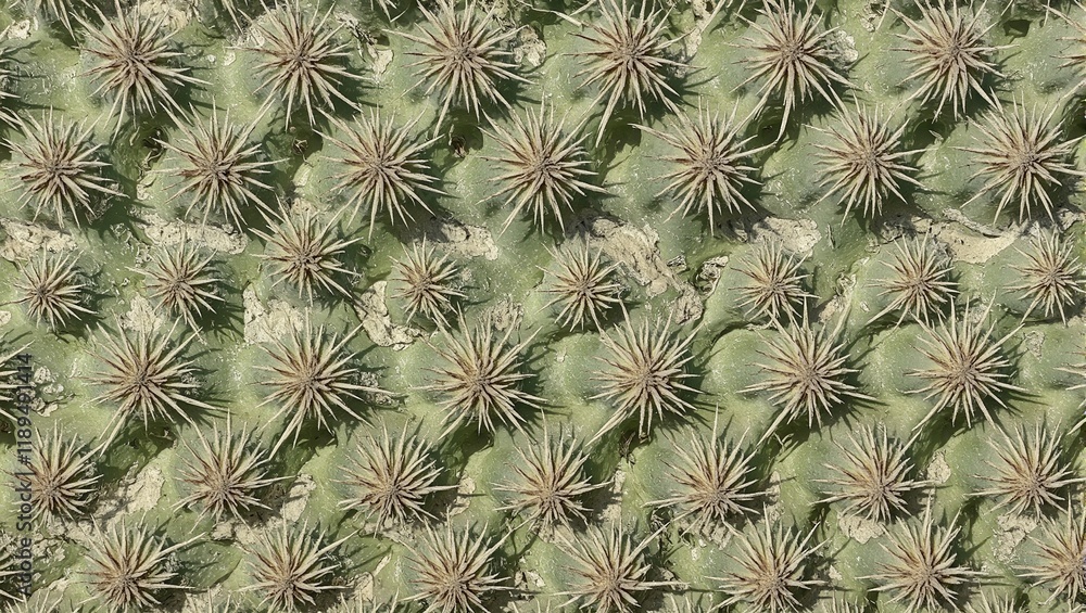 Green cactus stem with sharp spines parallel grooves and desert dust at the base Green cactus stem with sharp spines parallel grooves and desert dust at the base