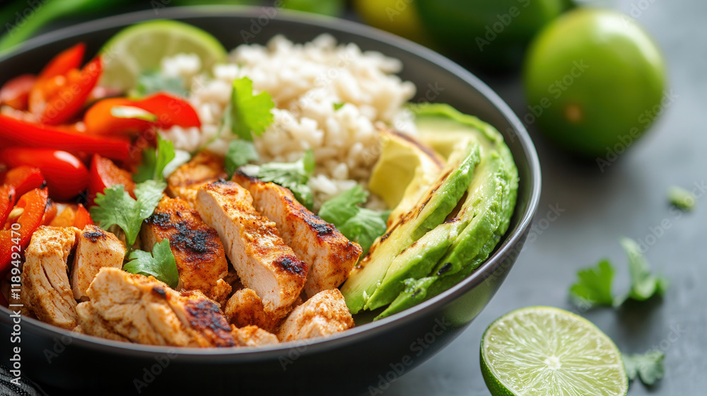 Succulent grilled chicken rests atop a bed of fresh greens, with ripe tomatoes, cucumber slices, and creamy avocado, creating a nutritious and vibrant meal. Succulent grilled chicken rests atop a bed of fresh greens, with ripe tomatoes, cucumber slices, and creamy avocado, creating a nutritious and vibrant meal.