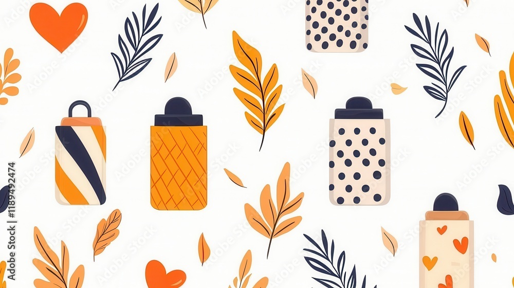 Vibrant Pattern of Stylish Bottles and Leaves for Creative Designs Vibrant Pattern of Stylish Bottles and Leaves for Creative Designs