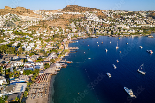 Gundogan Bay of Bodrum. Mugla, Turkey. Aerial panoramic view of Gundogan Bay. Drone shot. photo