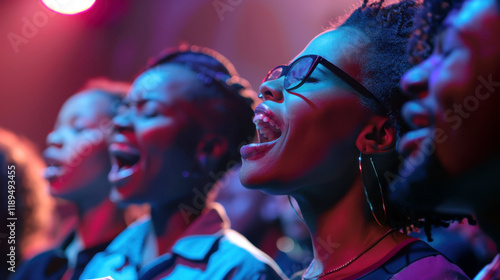 Diverse group of people energetically singing together in choir, illuminated by colorful, vibrant concert lighting, evoking feelings of joy, unity, and celebration.