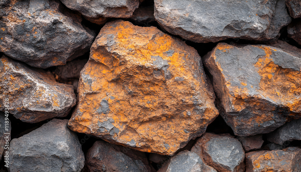 Close-up detailed texture of rough, grey and orange rocks, showing natural stone formations and geological patterns. Close-up detailed texture of rough, grey and orange rocks, showing natural stone formations and geological patterns.