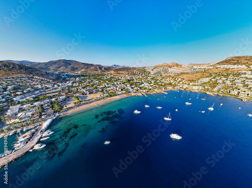 Gundogan Bay of Bodrum. Mugla, Turkey. Aerial panoramic view of Gundogan Bay. Drone shot. photo