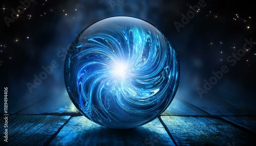 sparkling blue orb swirls with magical energy in a darkish fantasy settin photo