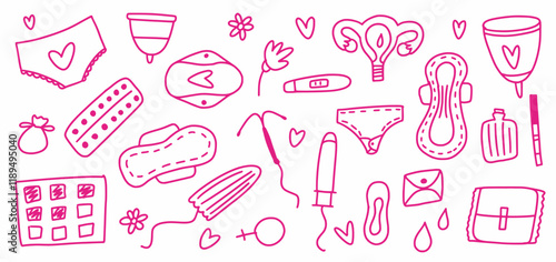 Set of feminine hygiene items, hand drawn in doodle style