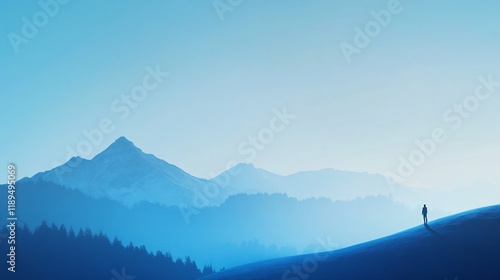 A lone hiker stands silhouetted on a hill against a backdrop of vast blue mountains, embodying adventure, exploration, and the breadth of nature's beauty. photo