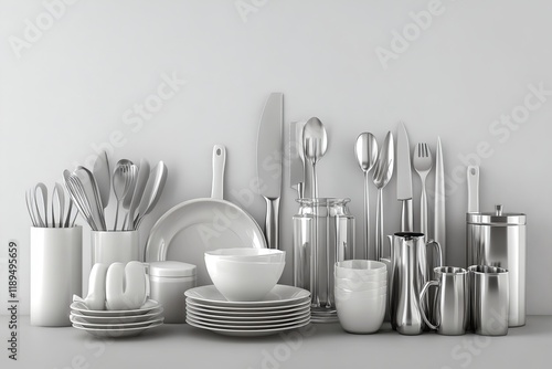 Render 3d kitchen elements. Isolated realistic bowl, cup and plate. Pot and crockery, knife, fork and spoon. Jars for ingredients, pithy vector clipart