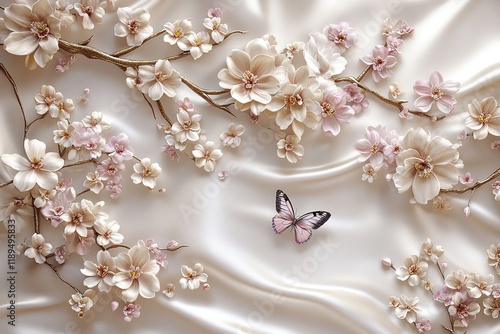 3D background with flowers and a butterfly