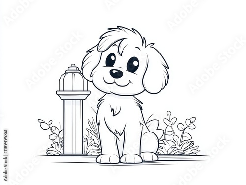 Cute Cartoon Puppy Sitting Next to a Water Hydrant Illustration photo