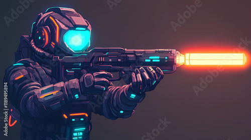 The starbound mechanist in futuristic armor with glowing weapon. Starbound. Illustration photo