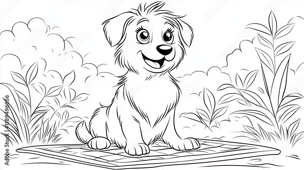 Playful Cartoon Dog Sitting on a Mat in Nature Playful Cartoon Dog Sitting on a Mat in Nature