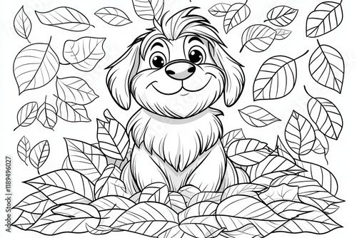 Adorable Cartoon Puppy Surrounded by Autumn Leaves in a Coloring Page