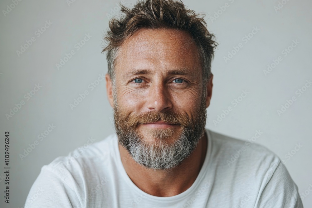 Man, portrait and studio with smile, confidence and beard isolated on white background. Model, mockup and satisfaction with skincare, glow and natural treatment for cosmetic dermatology, Generative AI Man, portrait and studio with smile, confidence and beard isolated on white background. Model, mockup and satisfaction with skincare, glow and natural treatment for cosmetic dermatology, Generative AI