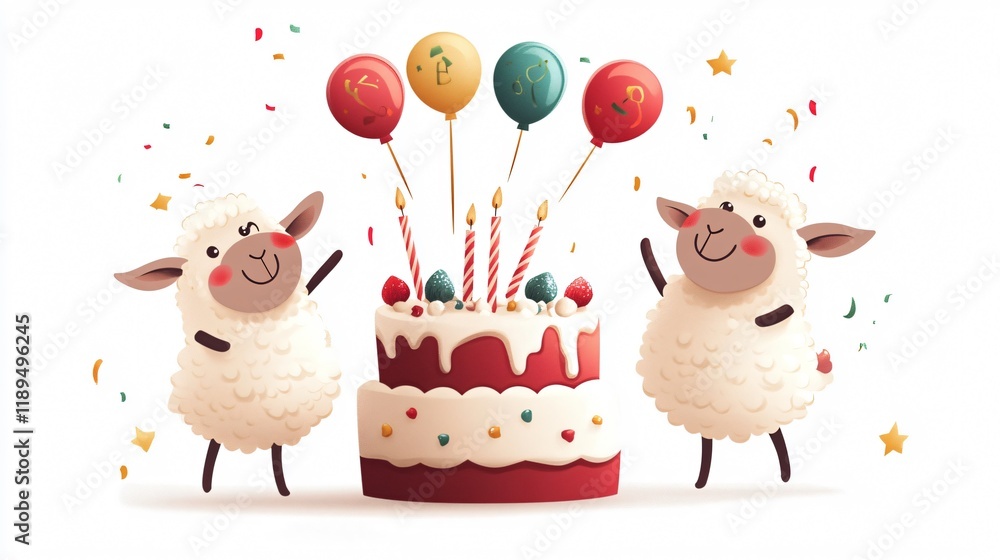 Naklejka premium Sheep-themed Happy Birthday Cake and Gift Decoration for Celebration