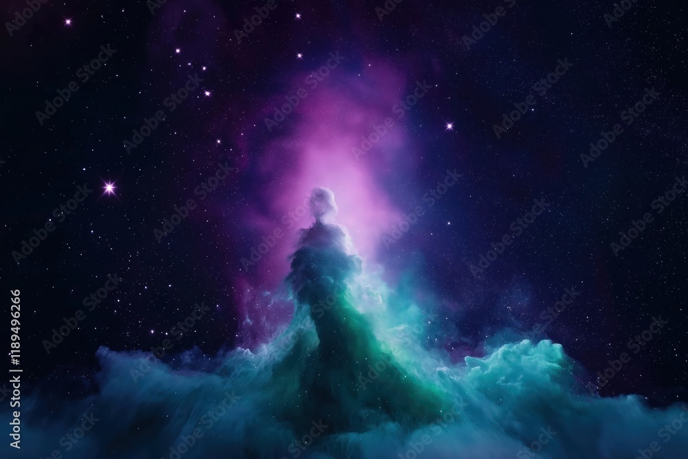 Fototapeta premium Colorful nebula in deep space. Purple and green clouds fill the celestial landscape. Stars sparkle in the dark night sky. Stunning abstract illustration of the cosmos.