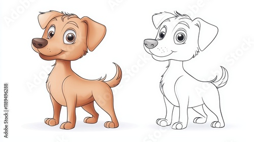 Adorable Cartoon Dog Character in Color and Sketch Styles photo