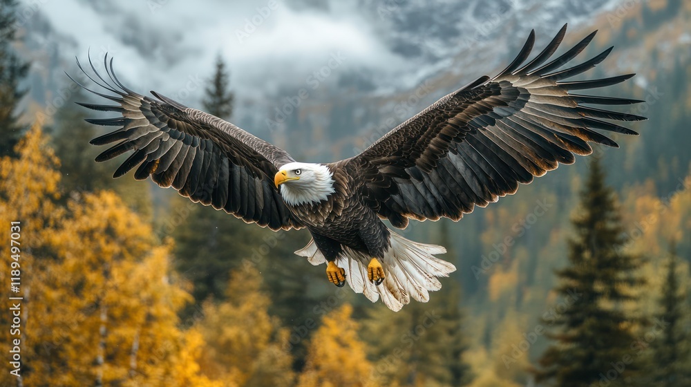 Obraz premium Bald eagle soaring, autumn mountains, wildlife documentary