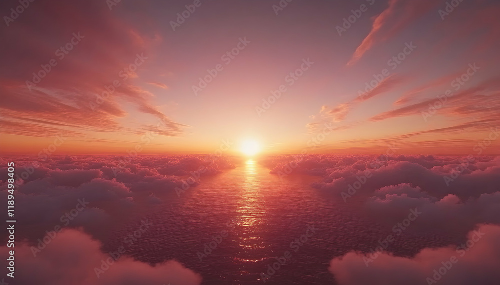 Serene sunset over a sea of clouds, a breathtaking aerial view of a fiery sky and tranquil ocean. Serene sunset over a sea of clouds, a breathtaking aerial view of a fiery sky and tranquil ocean.