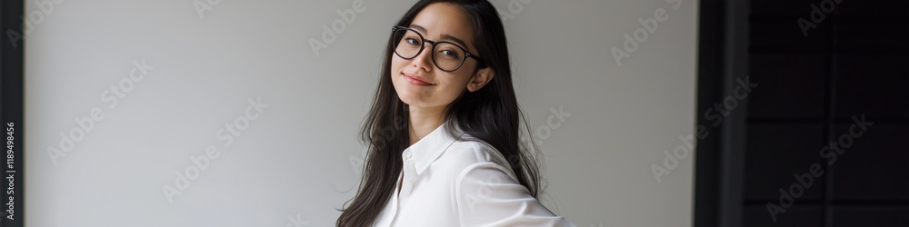 Obraz premium A woman wearing glasses and a white shirt is smiling. She is standing in front of a white wall