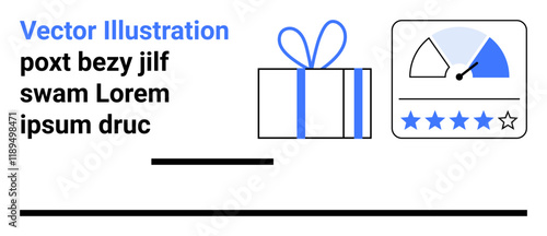 Gift box wrapped with blue ribbon beside a satisfaction meter reading, and text lines. Ideal for user feedback, customer reviews, satisfaction ratings, gift services, product quality, e-commerce