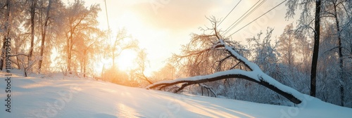 Fallen trees on power lines create dangerous conditions during heavy snowstorm at sunset
