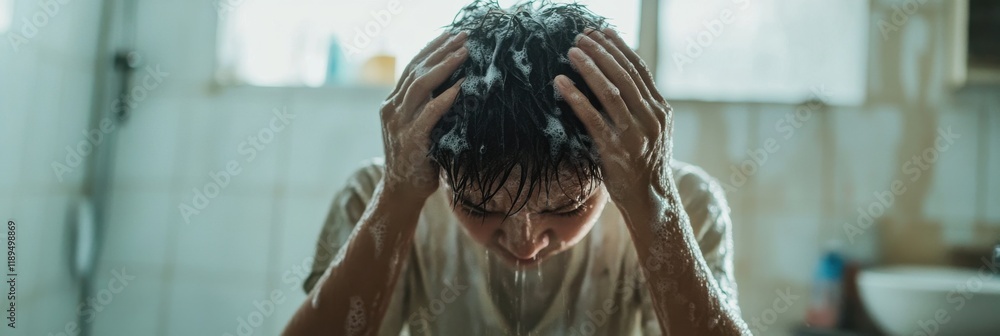 Cleansing urban grime: a person washing hair to remove city pollution at home Cleansing urban grime: a person washing hair to remove city pollution at home