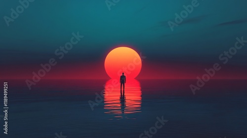 A solitary silhouette stands before a vibrant sunset over the ocean, capturing the serene beauty of nature and the profound sense of introspection and calm it provides. photo