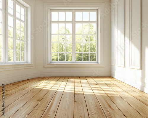 Wallpaper Mural Bright, sunlit empty room with hardwood floors and large windows showcasing a tranquil garden view. Ideal for showcasing home décor, real estate, or interior design. Torontodigital.ca