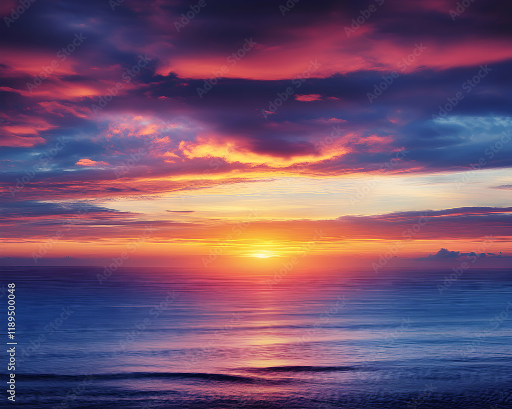Obraz premium Vibrant sunset over the ocean, displaying a breathtaking array of colors in the sky and water. Perfect for travel, nature, and serenity themes.