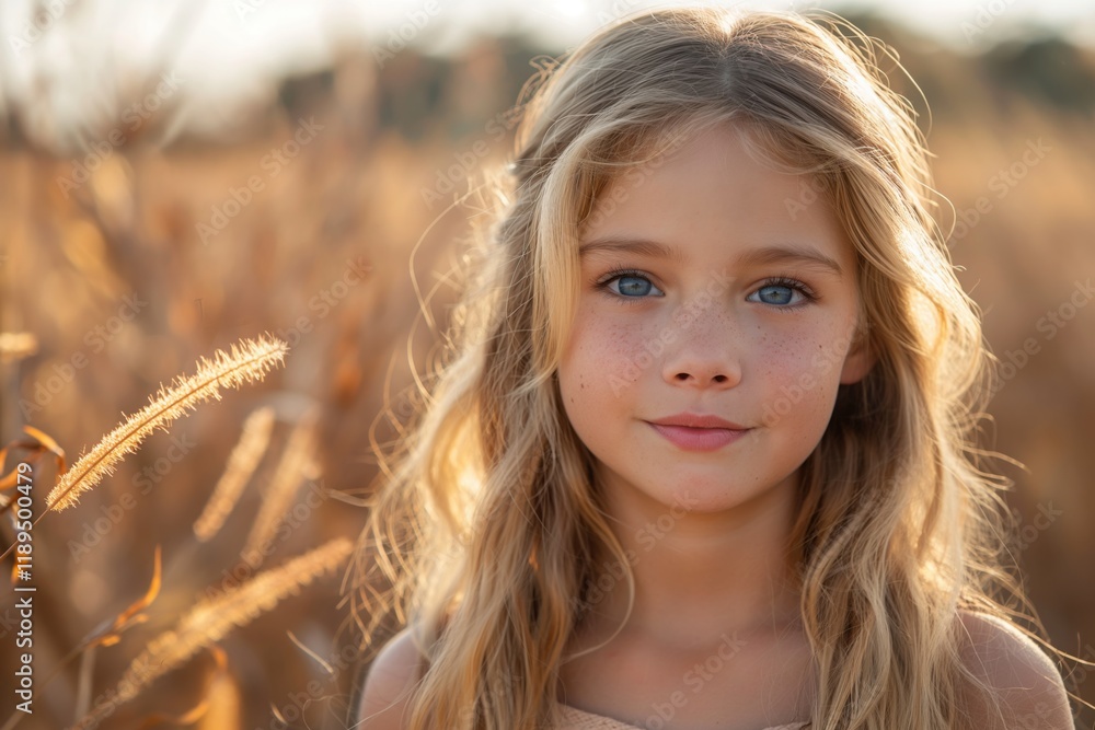 young blonde girl standing among golden stalks looking at the camera with soft expression glowing sunlight concept of children's wear, lifestyle, marketing young blonde girl standing among golden stalks looking at the camera with soft expression glowing sunlight concept of children's wear, lifestyle, marketing