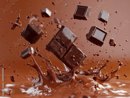 chocolate pieces splashing into liquid chocolate