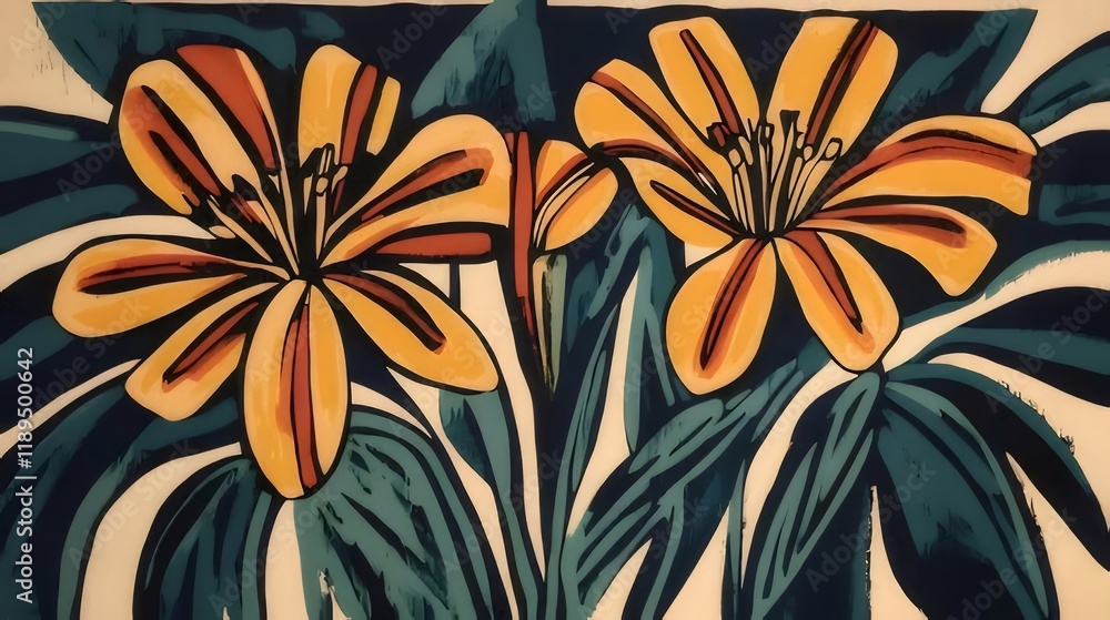 Two stylized orange lilies with teal leaves on a white background. Two stylized orange lilies with teal leaves on a white background.