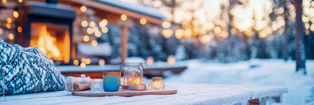 Cozy Winter Evening by the Fireplace: Candles and Warmth in a Snowy Cabin Cozy Winter Evening by the Fireplace: Candles and Warmth in a Snowy Cabin