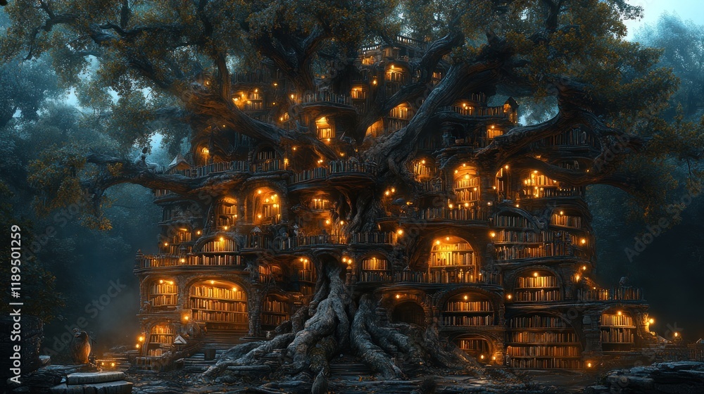 Fototapeta premium Enormous ancient tree with glowing library built into its branches and trunk.