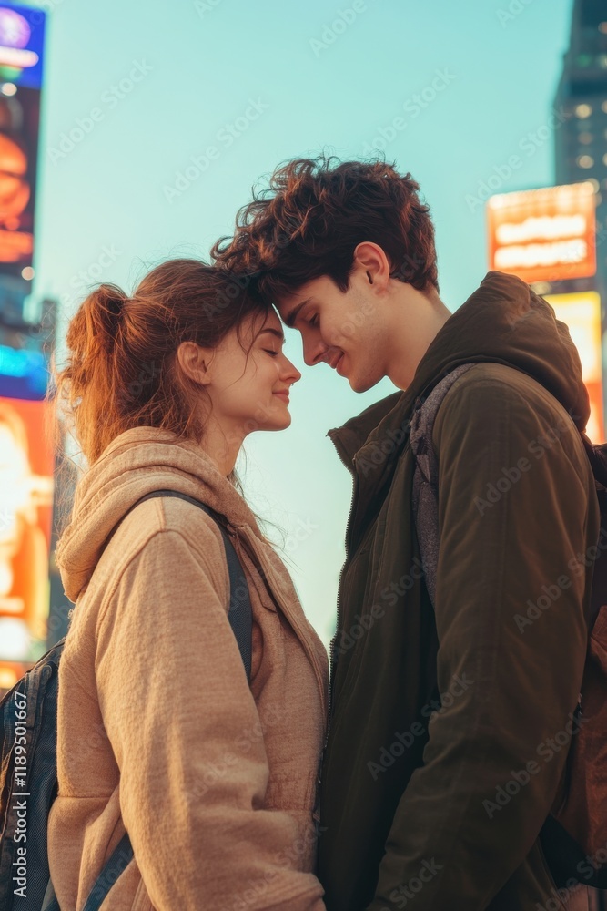 Couple embraces in a bright urban setting, surrounded by flashing billboards showcasing unrealistic ideals Couple embraces in a bright urban setting, surrounded by flashing billboards showcasing unrealistic ideals
