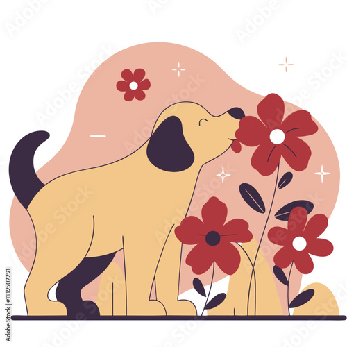 Happy dog sniffing flowers in a garden.