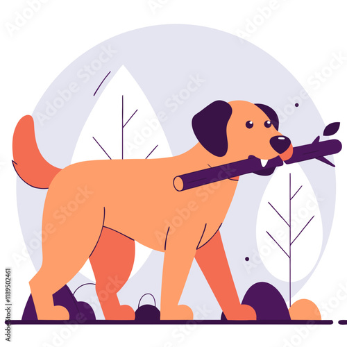Happy dog carrying a stick in the forest.