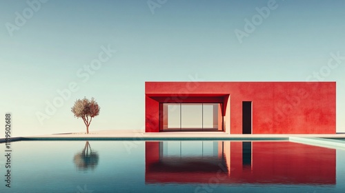 A modern, minimalist red cube house rests quietly beside a reflective pool, creating a serene and stylish scene of architectural symmetry and tranquility. photo