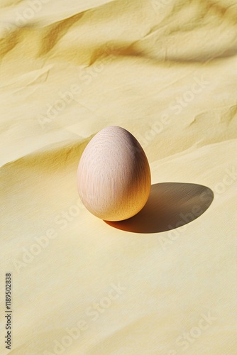 single painted wooden egg resting on smooth pastel yellow surface with subtle shadows photo