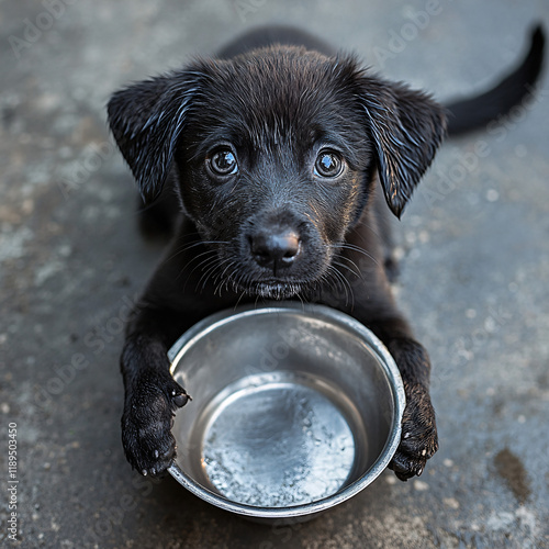 Adorable puppy looking directly into the camera with pleading eyes, resting near an empty bowl, evoking feelings of compassion and care, symbolizing the bond between humans and pets photo