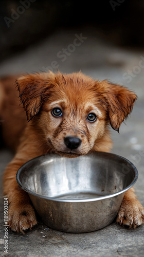 Adorable puppy looking directly into the camera with pleading eyes, resting near an empty bowl, evoking feelings of compassion and care, symbolizing the bond between humans and pets photo